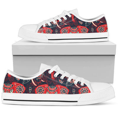 Red Indian Elephant Pattern White Bottom Low Top Shoes
