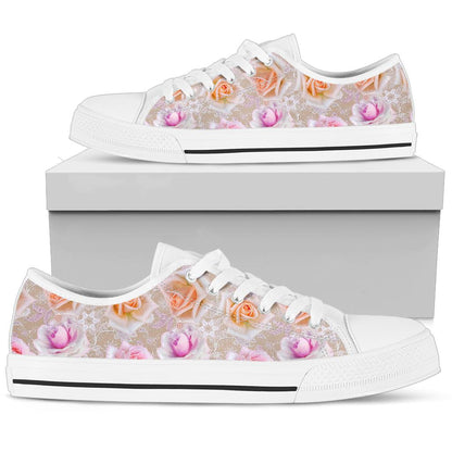 Rose Pattern Print Design RO011 White Bottom Low Top Shoes