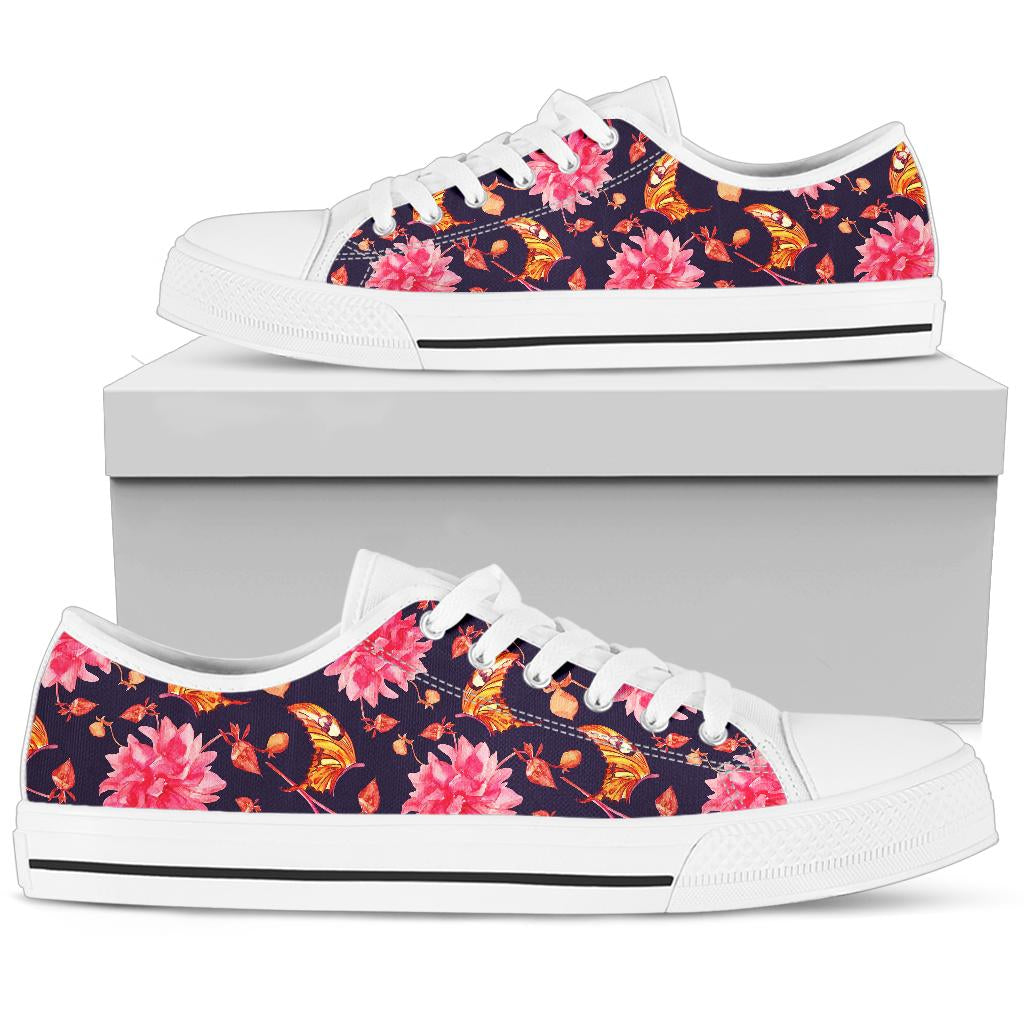Dahlia Pattern Print Design DH03 White Bottom Low Top Shoes