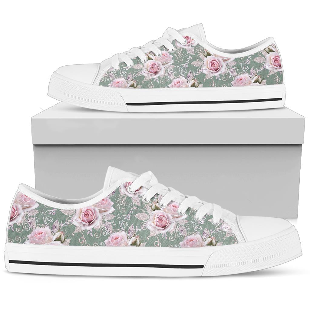 Rose White Pattern Print Design RO012 White Bottom Low Top Shoes