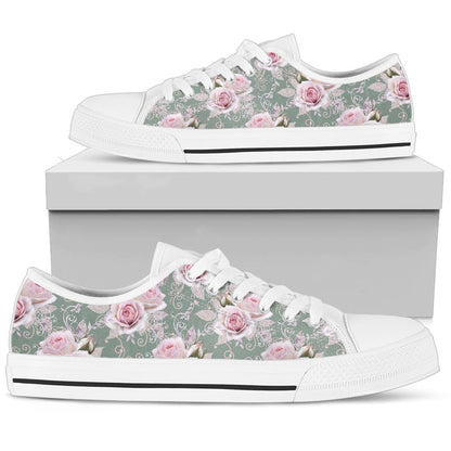 Rose White Pattern Print Design RO012 White Bottom Low Top Shoes