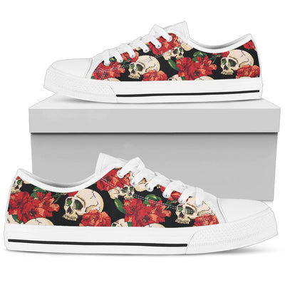 Skull Red Rose White Bottom Low Top Shoes