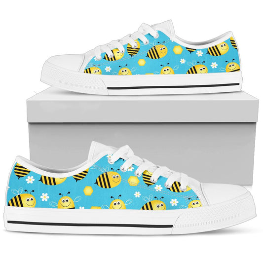 Bee Pattern Print Design BEE06 White Bottom Low Top Shoes