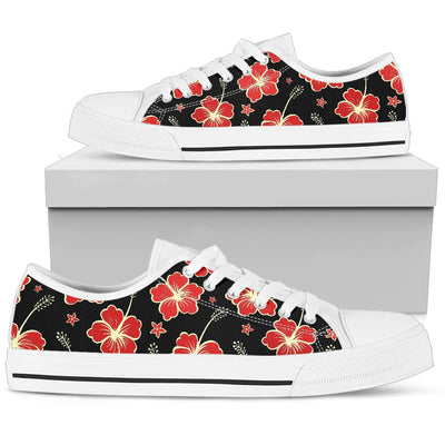 Red Hibiscus Pattern Print Design HB021 White Bottom Low Top Shoes