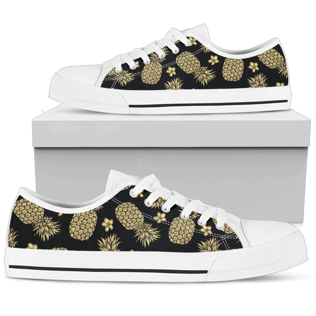 Gold Pineapple Hibiscus White Bottom Low Top Shoes