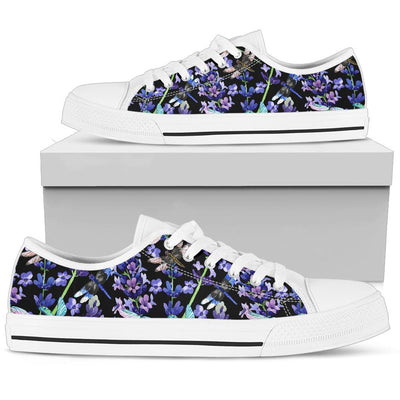 Lavender Dragonfly Pattern Print Design LV03 White Bottom Low Top Shoes