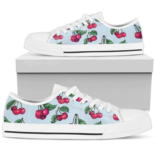 Cherry Pattern Print Design CH01 White Bottom Low Top Shoes
