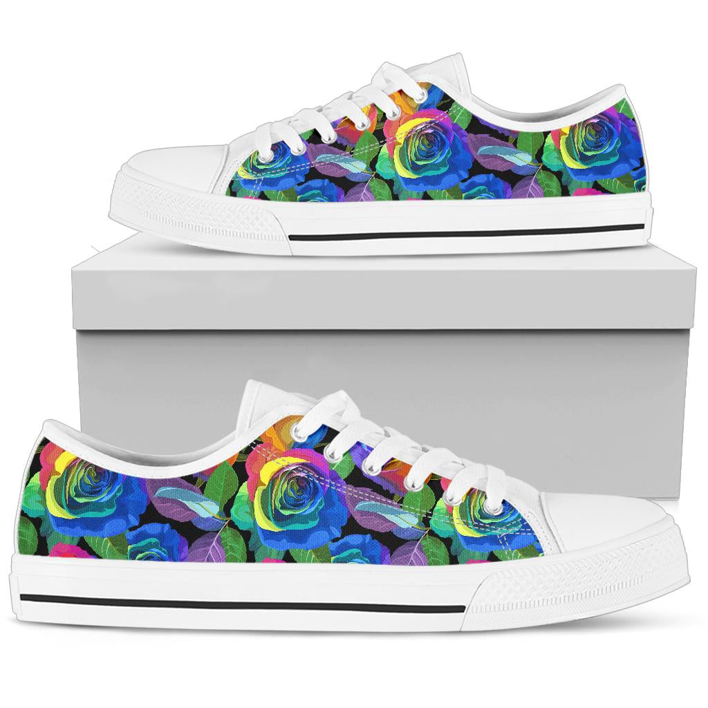 Rose Pattern Print Design RO02 White Bottom Low Top Shoes
