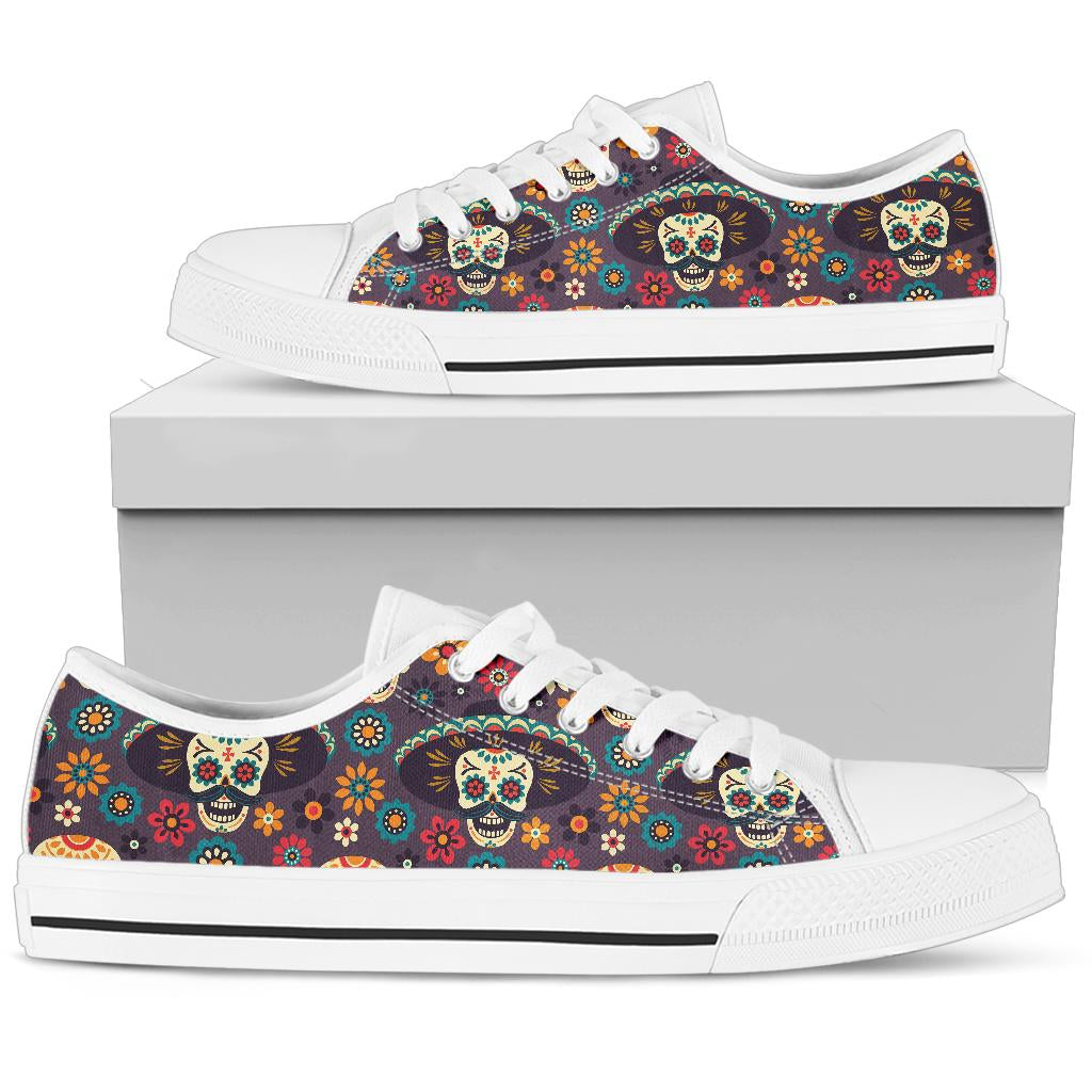 sugar skull Maxican Pattern White Bottom Low Top Shoes