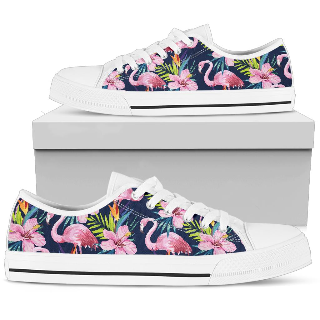 Flamingo Hibiscus Print White Bottom Low Top Shoes