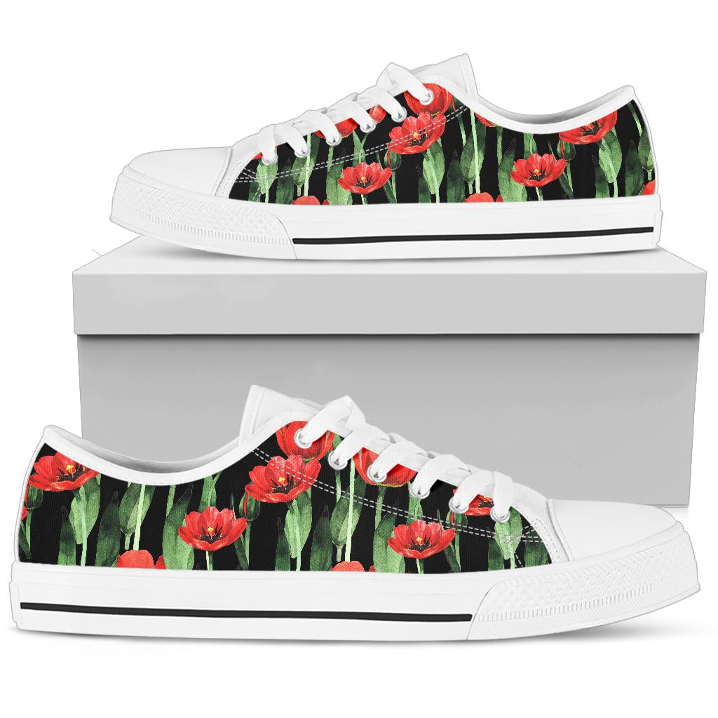 Tulip Red Pattern Print Design TP03 White Bottom Low Top Shoes