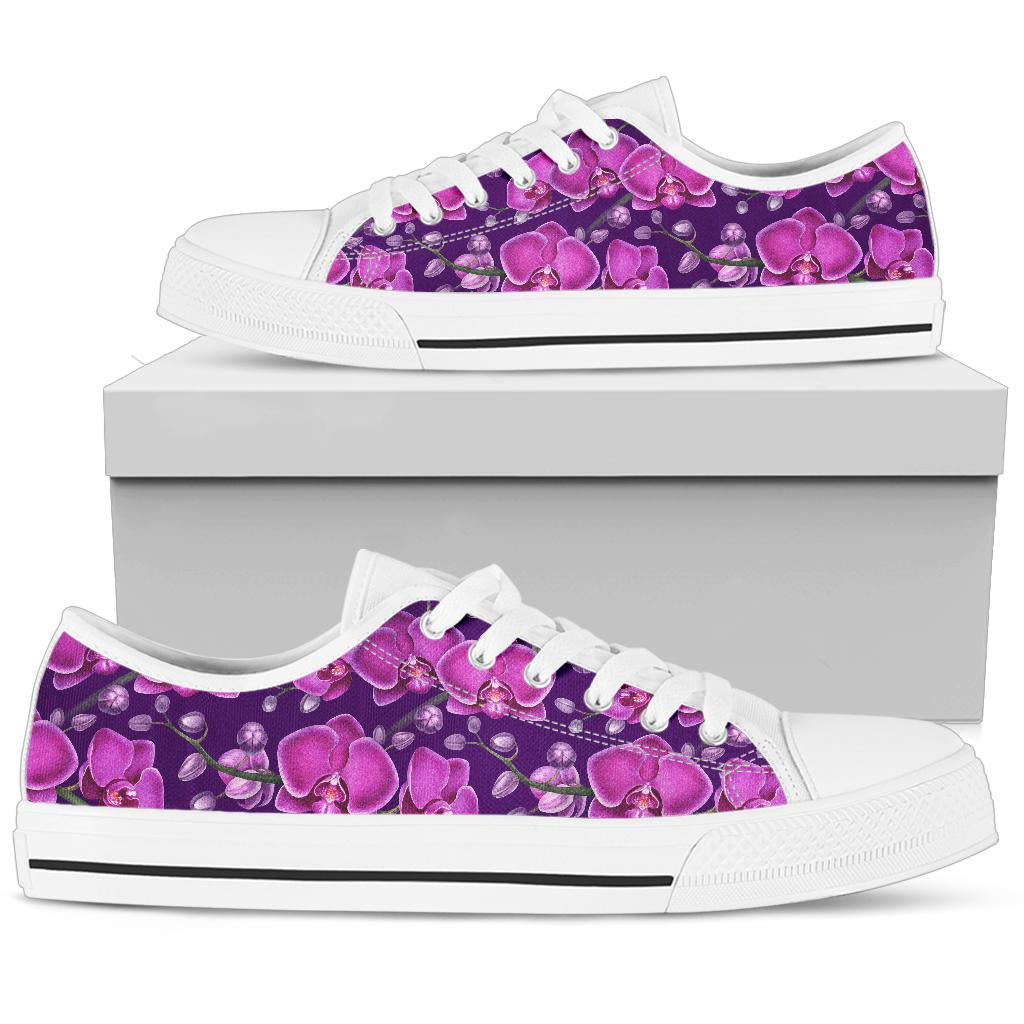 Orchid Purple Pattern Print Design OR02 White Bottom Low Top Shoes