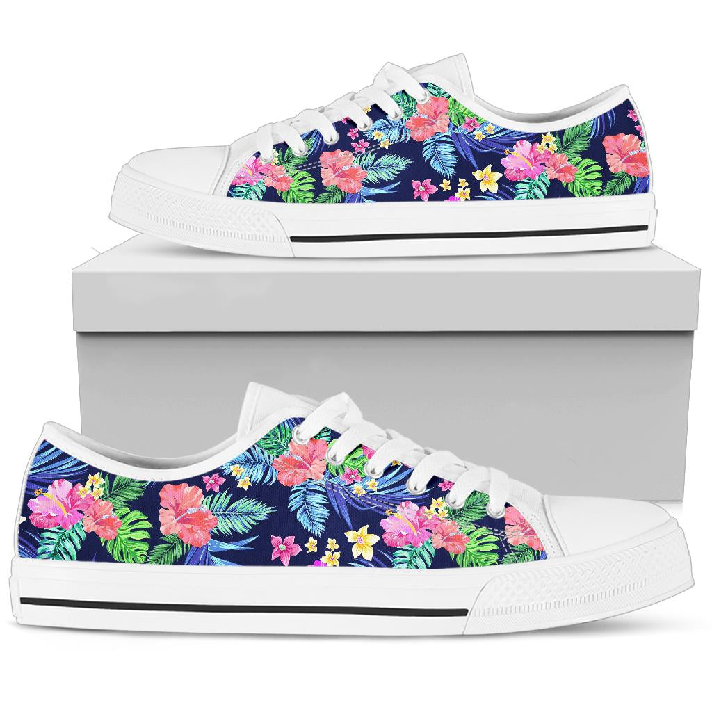 Neon Hibiscus Pattern Print Design HB016 White Bottom Low Top Shoes