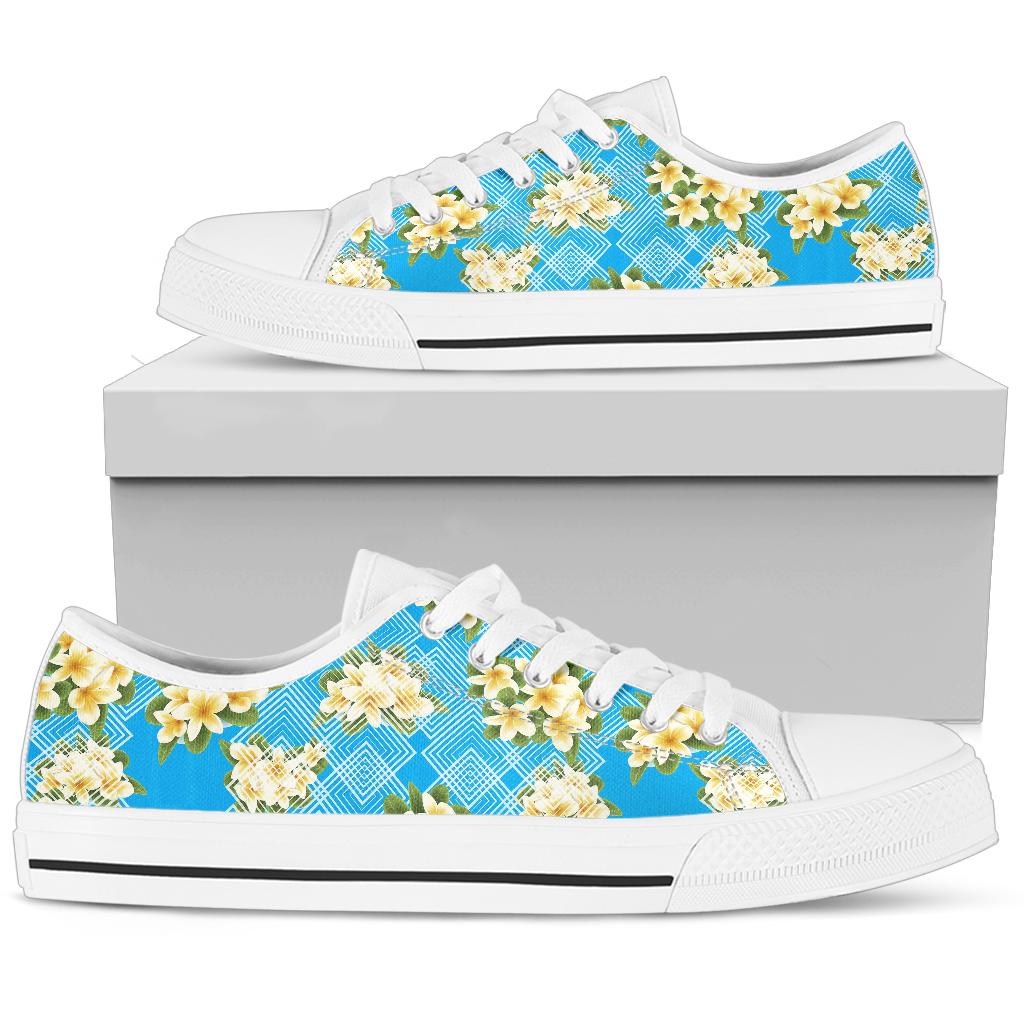 Yellow Plumeria Design Print Pattern White Bottom Low Top Shoes