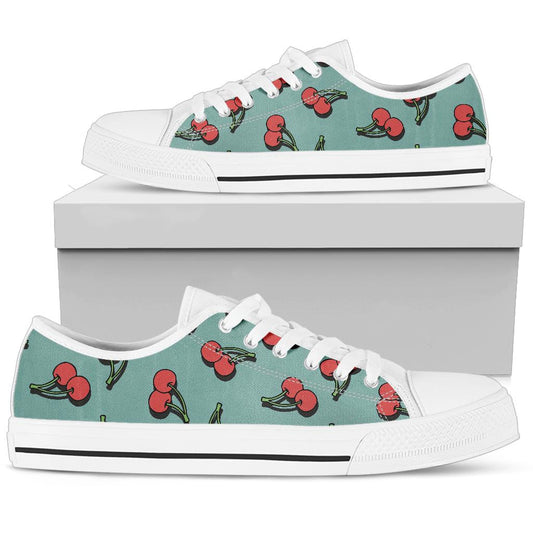 Cherry Pattern Print Design CH03 White Bottom Low Top Shoes