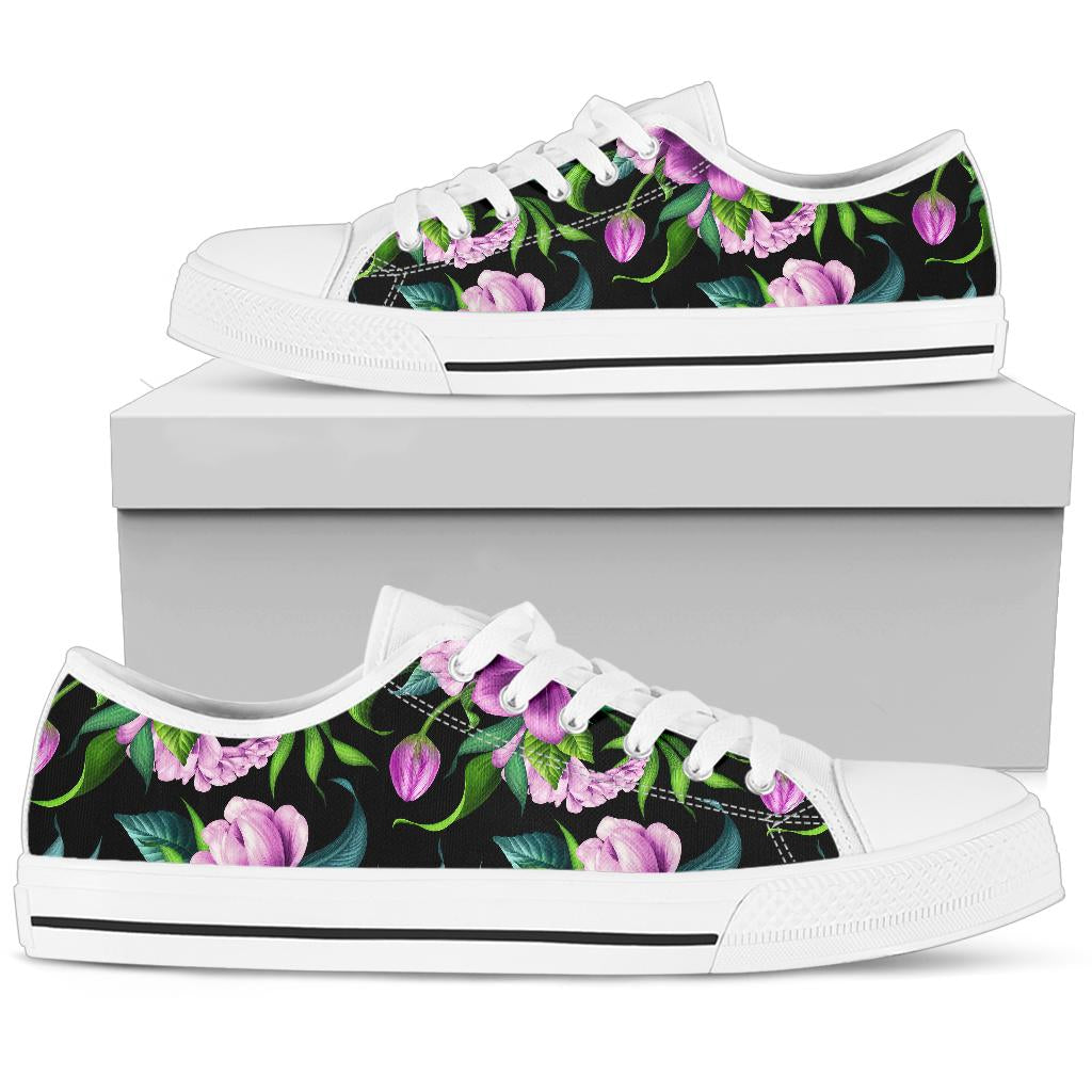 Bright Purple Floral Pattern White Bottom Low Top Shoes