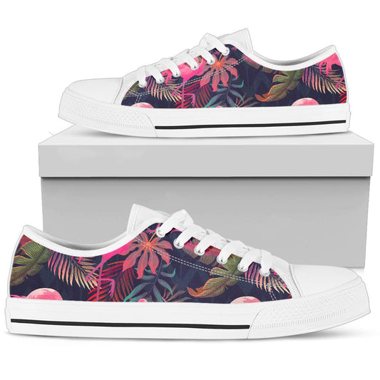 Flamingo Tropical Pattern White Bottom Low Top Shoes
