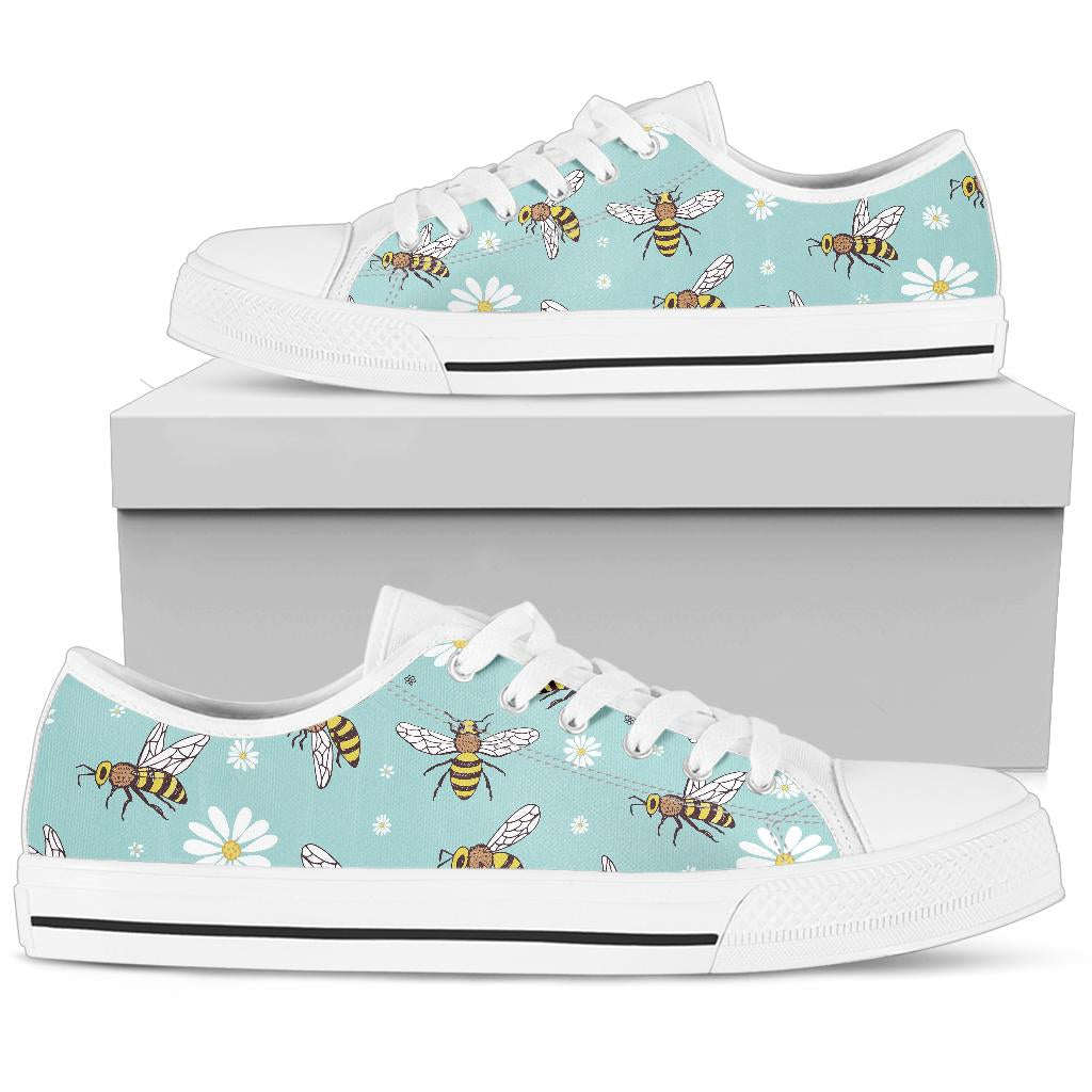 Bee Pattern Print Design BEE010 White Bottom Low Top Shoes