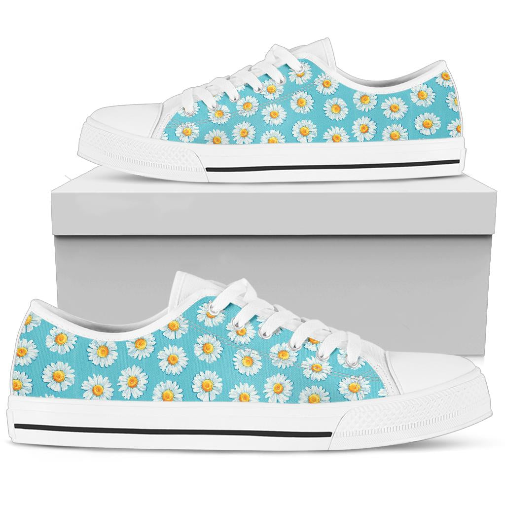 Daisy Pattern Print Design DS03 White Bottom Low Top Shoes