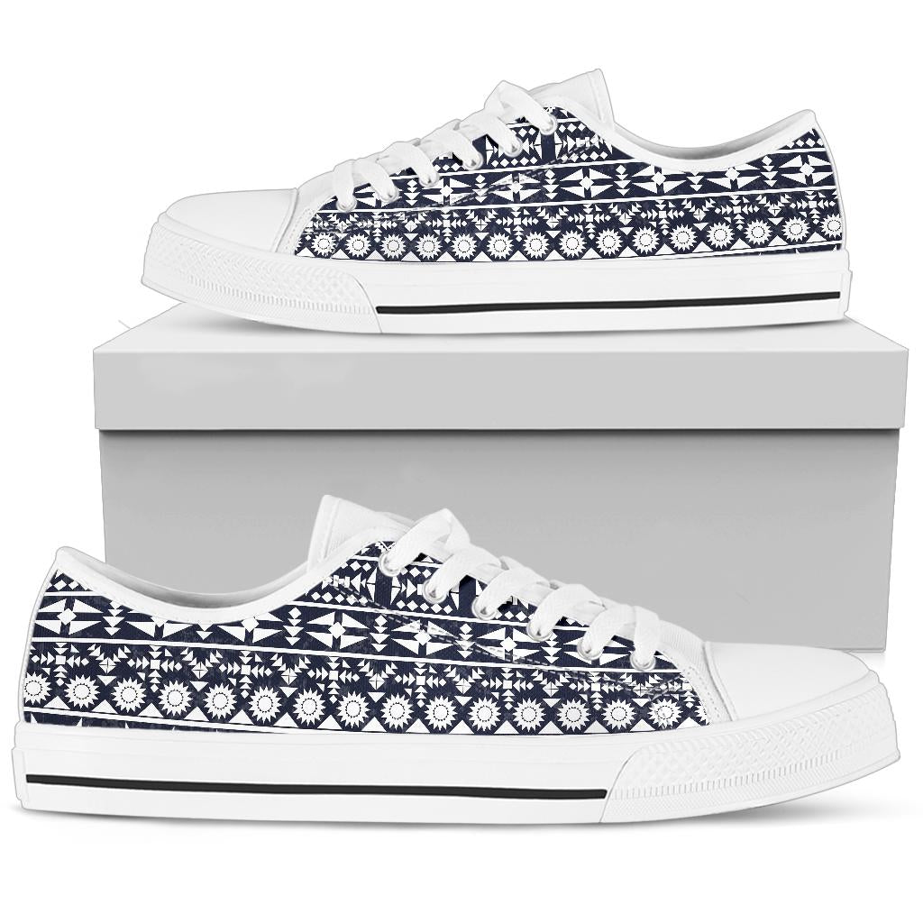 Blue White Tribal Aztec White Bottom Low Top Shoes