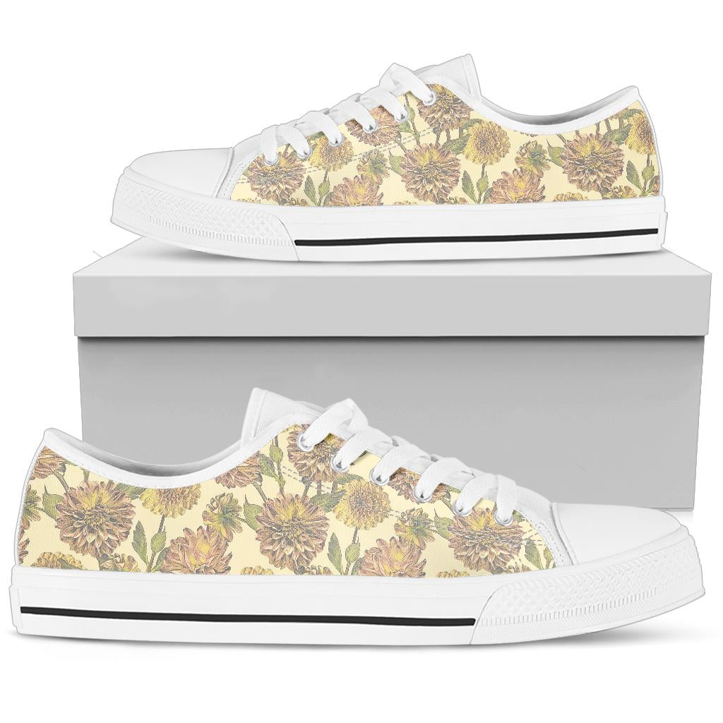 Dahlia Pattern Print Design DH09 White Bottom Low Top Shoes