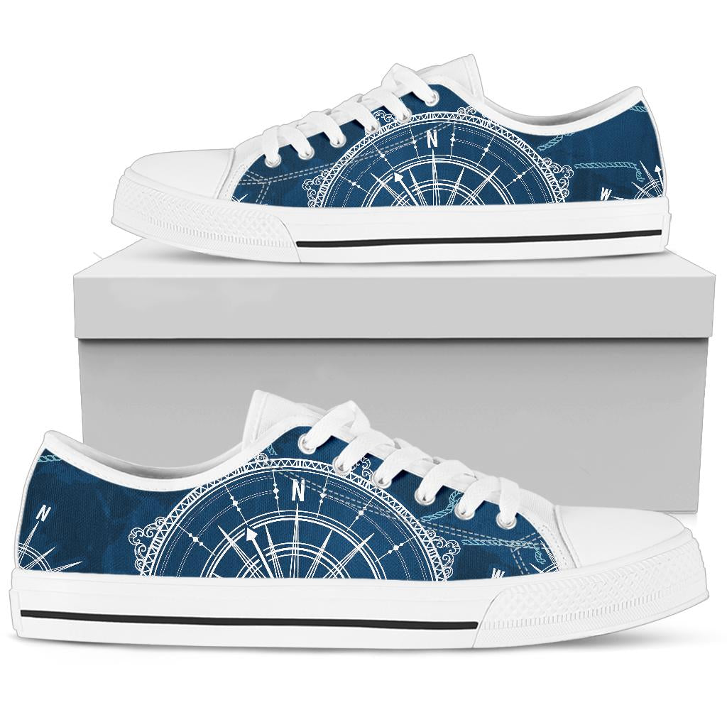 Nautical Compass Print White Bottom Low Top Shoes