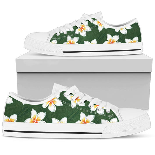White Plumeria Pattern Print Design PM020 White Bottom Low Top Shoes