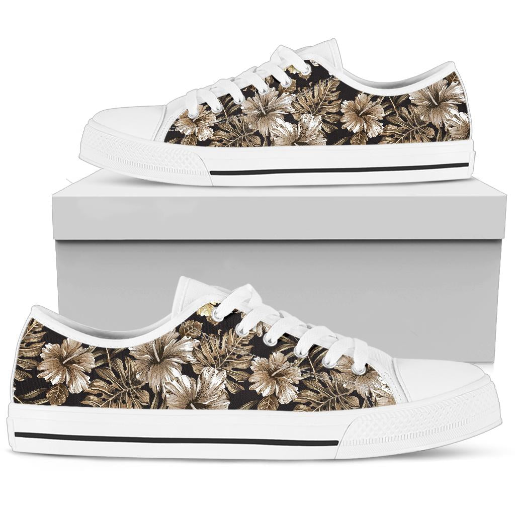 Brown Hibiscus Tropical White Bottom Low Top Shoes