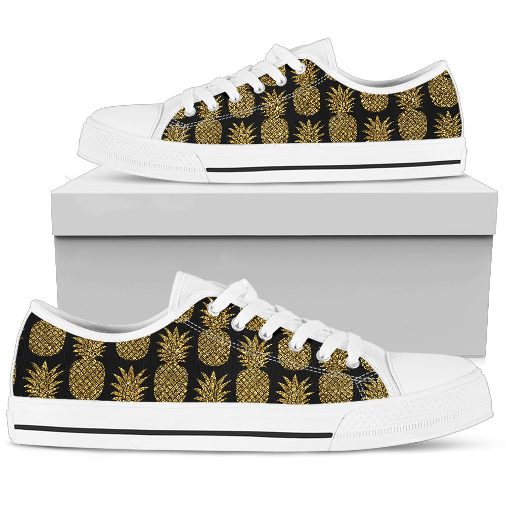 Gold Pineapple Pattern Print Design PP011 White Bottom Low Top Shoes