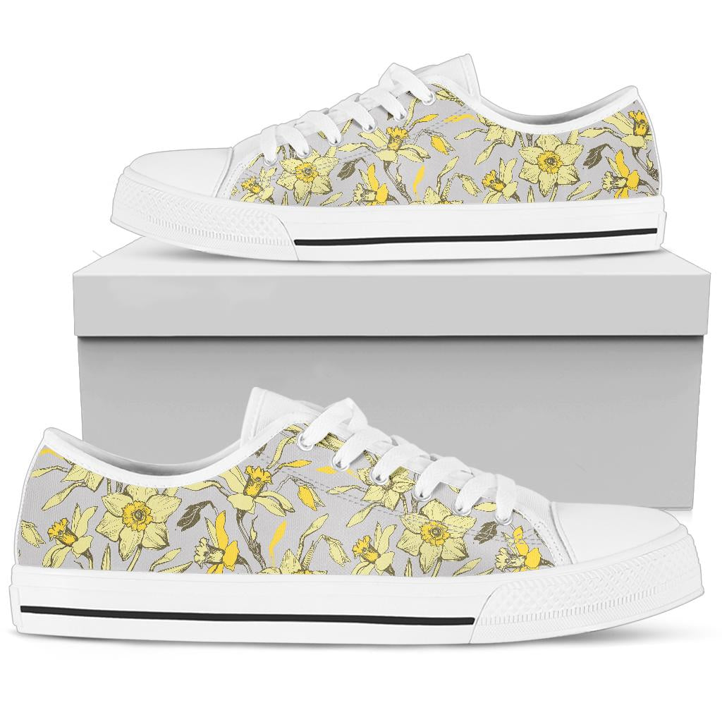 Daffodils Pattern Print Design DF05 White Bottom Low Top Shoes