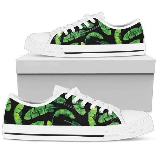 Banana Leaf Pattern Print Design BL02 White Bottom Low Top Shoes
