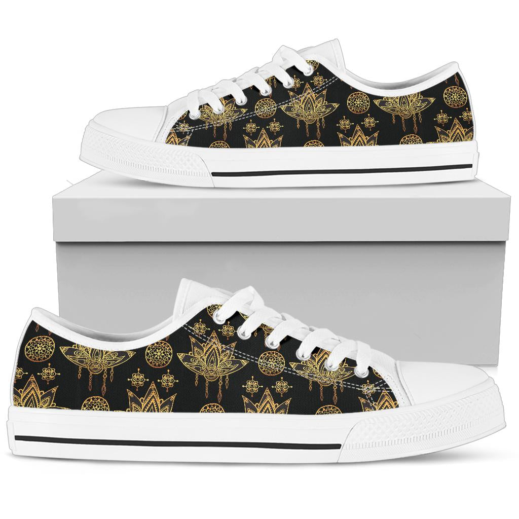 lotus Boho Pattern Print Design LO03 White Bottom Low Top Shoes