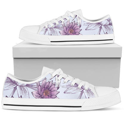 Water Lily Pattern Print Design WL01 White Bottom Low Top Shoes
