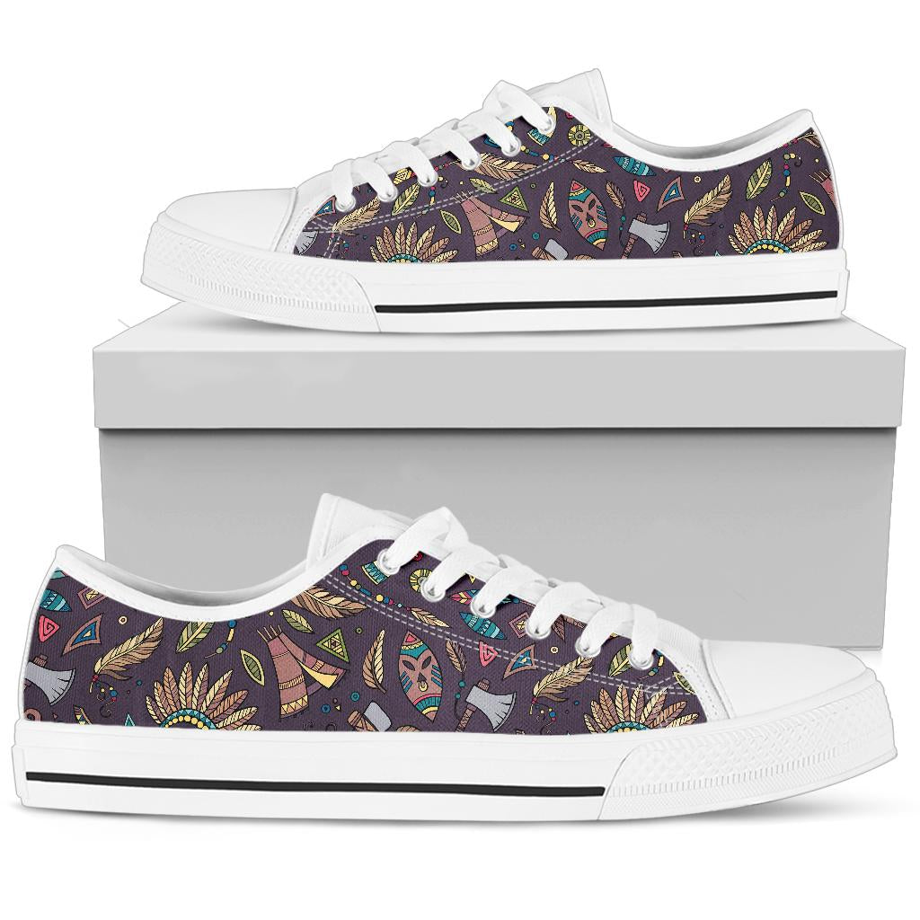 Tribal native american Aztec White Bottom Low Top Shoes