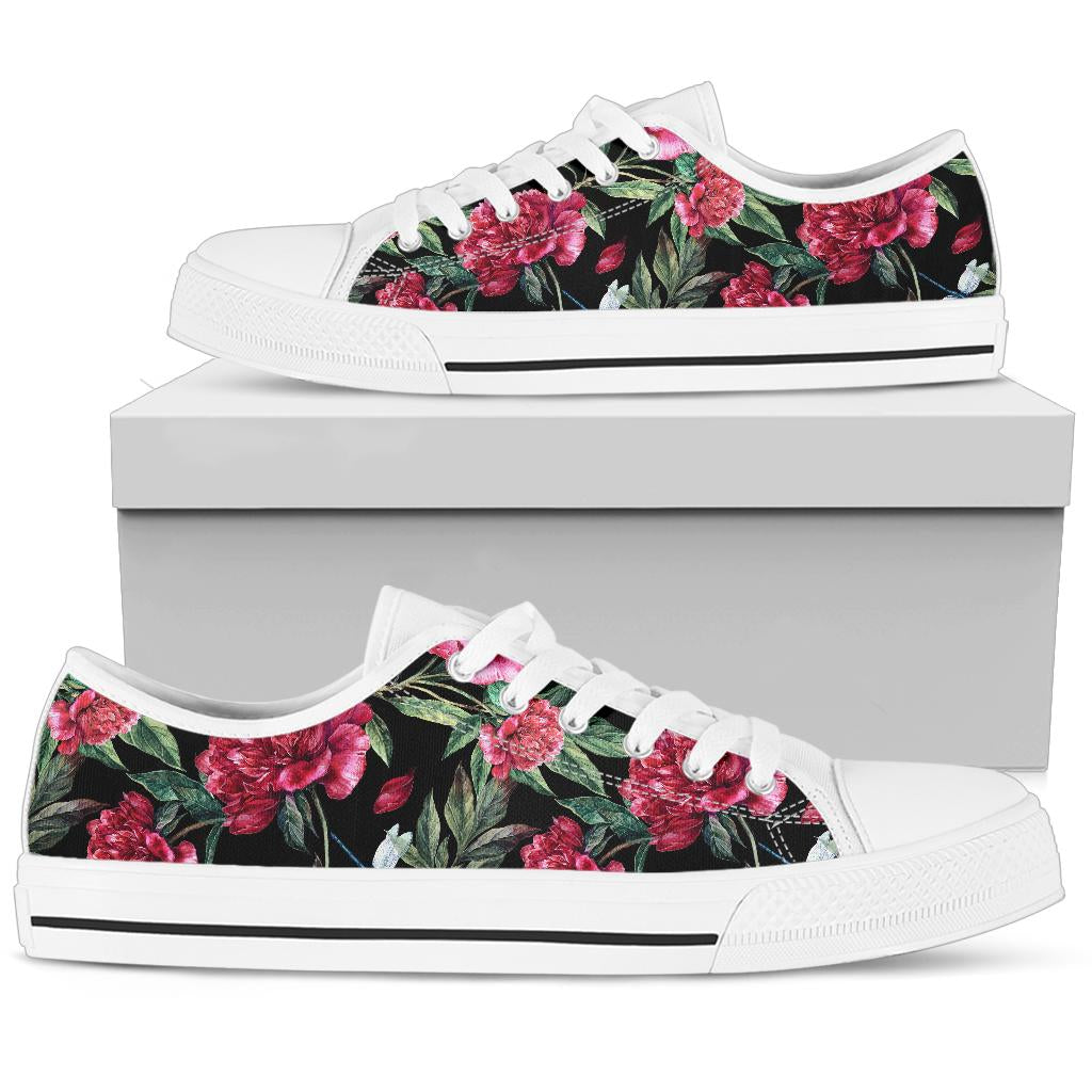 Peony Pattern Print Design PE04 White Bottom Low Top Shoes