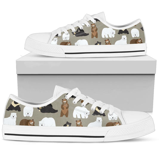Bear Pattern Print Design BE03 White Bottom Low Top Shoes