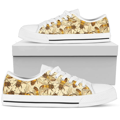 Bee Pattern Print Design BEE05 White Bottom Low Top Shoes