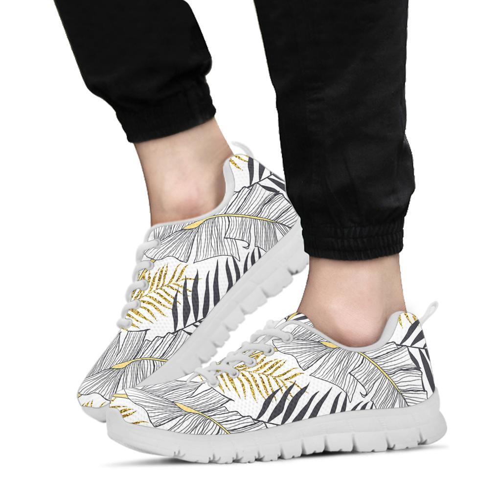 Gold Glitter Tropical Palm Leaves Sneakers White Bottom Shoes