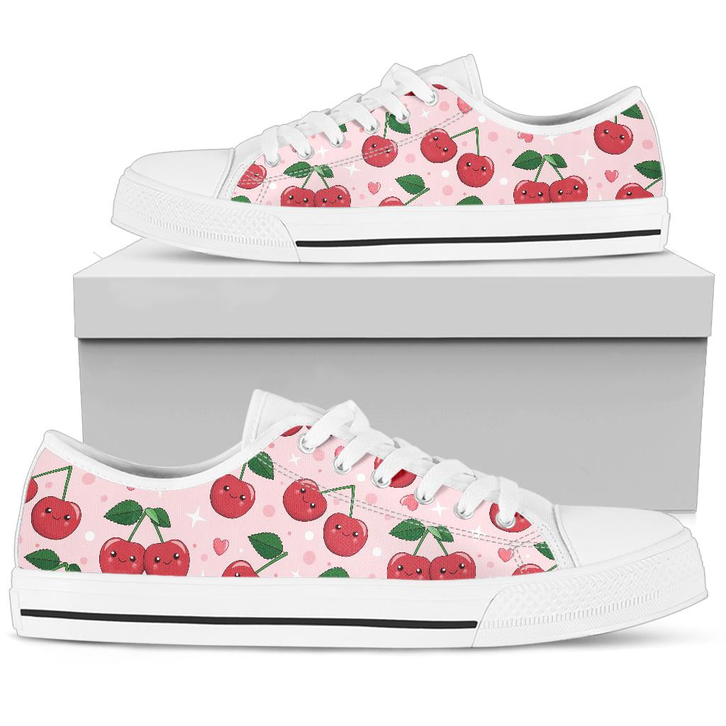 Cherry Pattern Print Design CH02 White Bottom Low Top Shoes