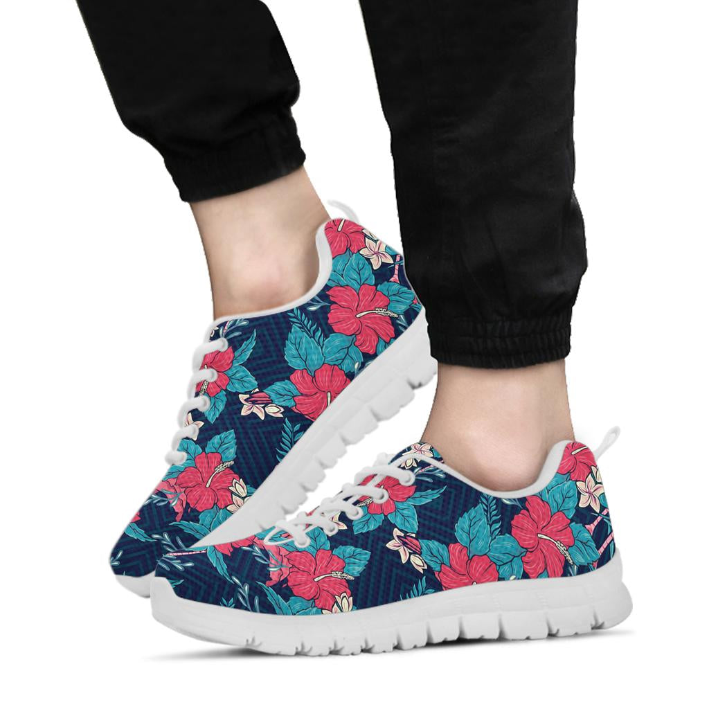 Flamingo Red Hibiscus Pattern Sneakers White Bottom Shoes