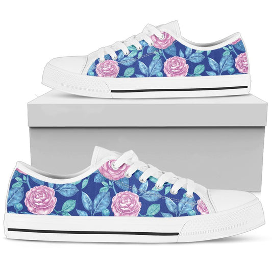 Camellia Pattern Print Design CM05 White Bottom Low Top Shoes
