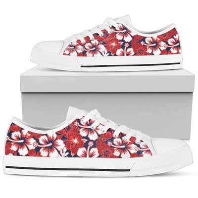 Red Hibiscus Pattern Print Design HB01 White Bottom Low Top Shoes