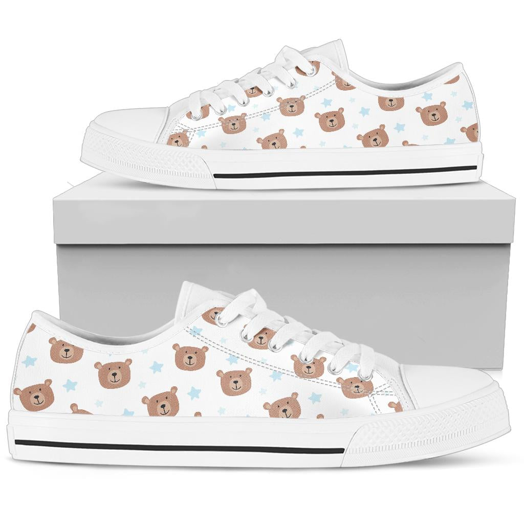 Bear Pattern Print Design BE02 White Bottom Low Top Shoes