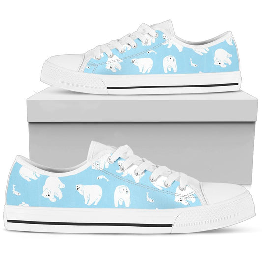 Polar Bear Pattern Print Design PB01 White Bottom Low Top Shoes
