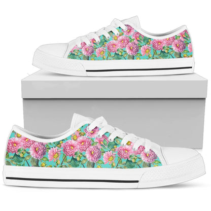 Dahlia Pattern Print Design DH07 White Bottom Low Top Shoes