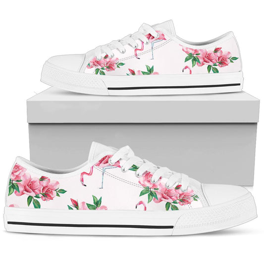 Flamingo Rose Pattern White Bottom Low Top Shoes