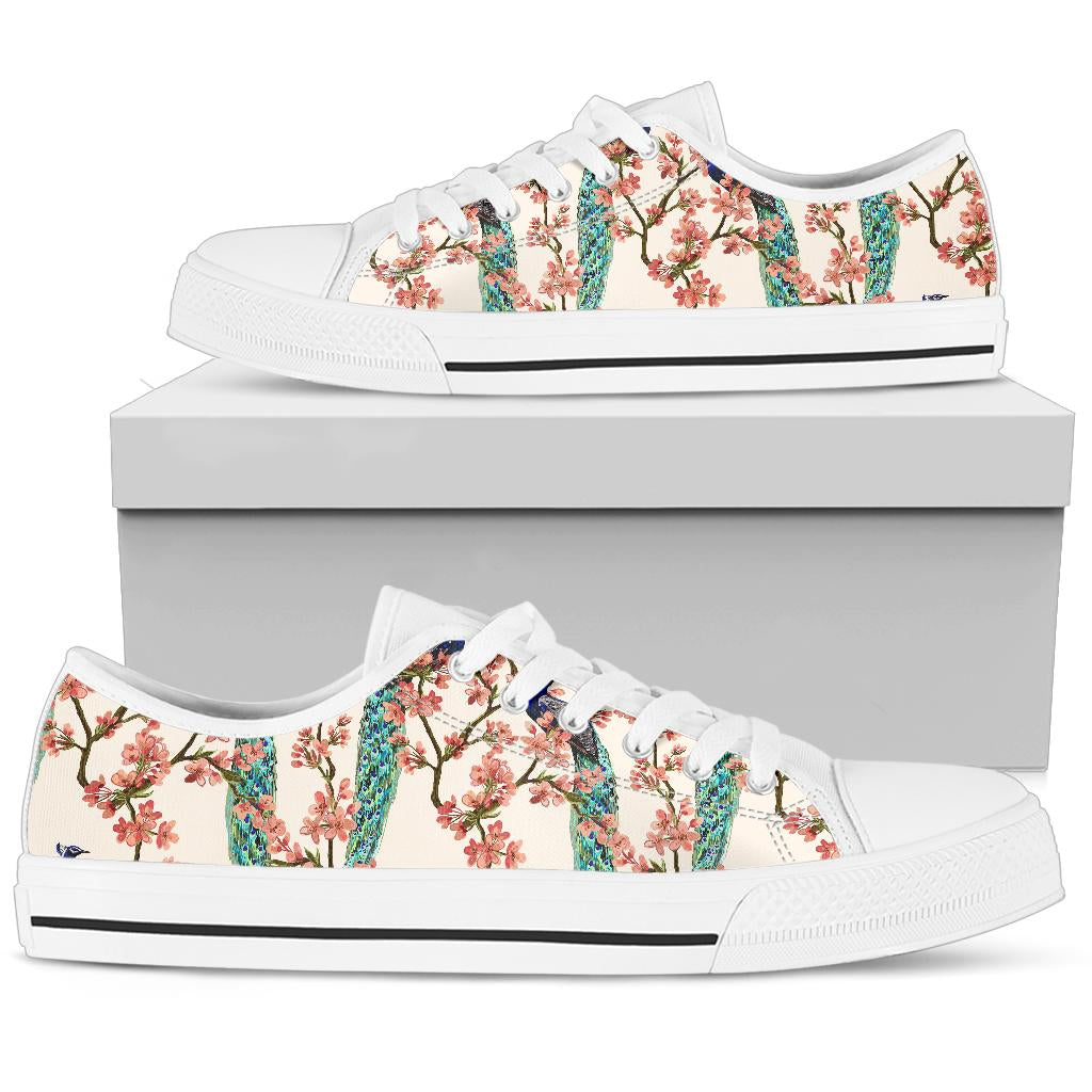 Cherry Blossom Peacock White Bottom Low Top Shoes