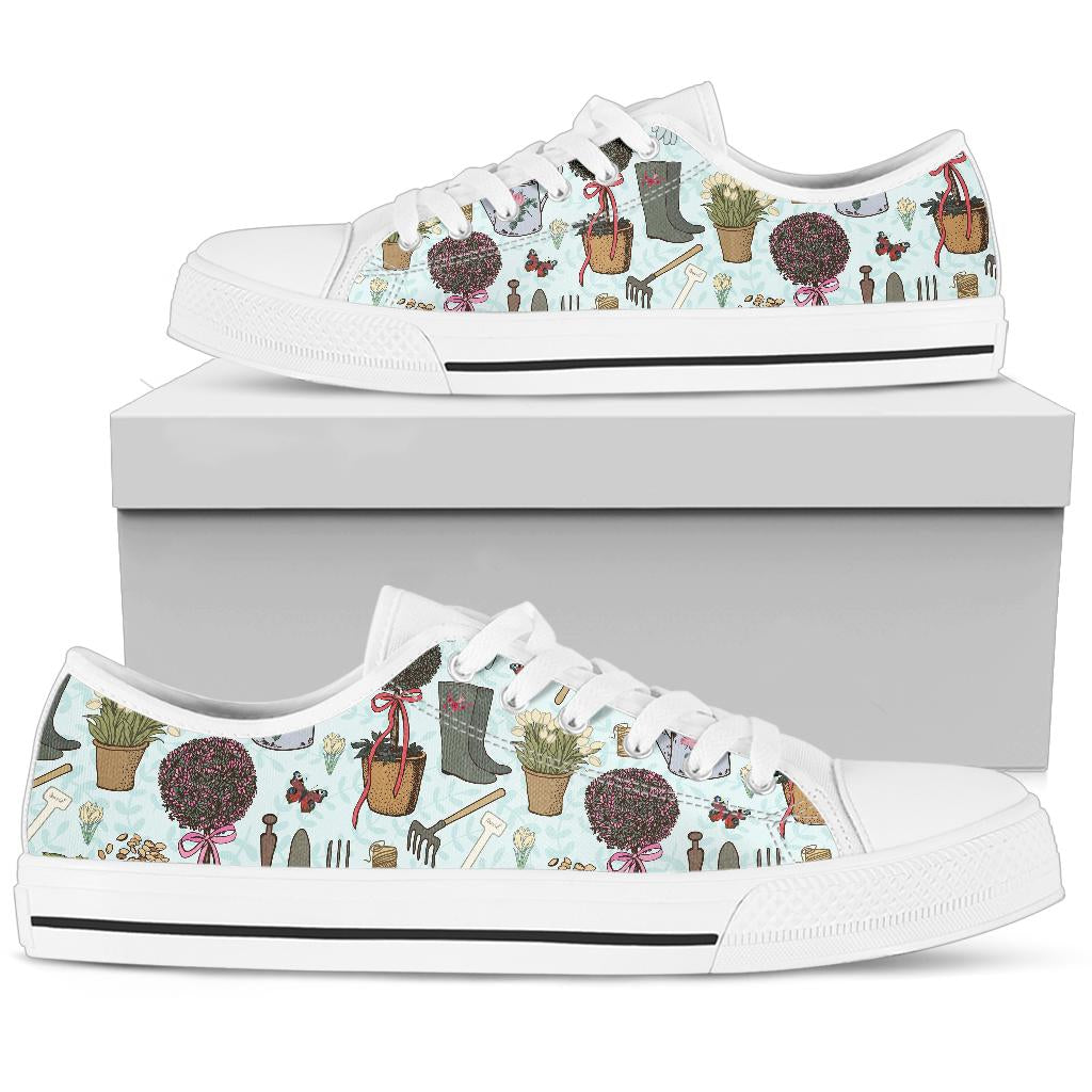 Gardening Pattern Print Design G01 White Bottom Low Top Shoes