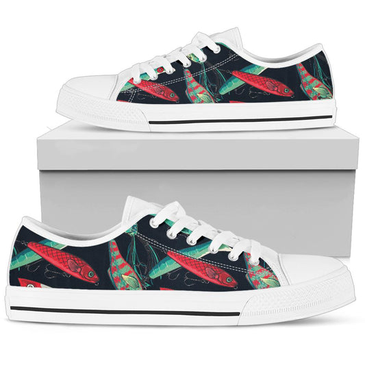 Fishing Bait Pattern White Bottom Low Top Shoes