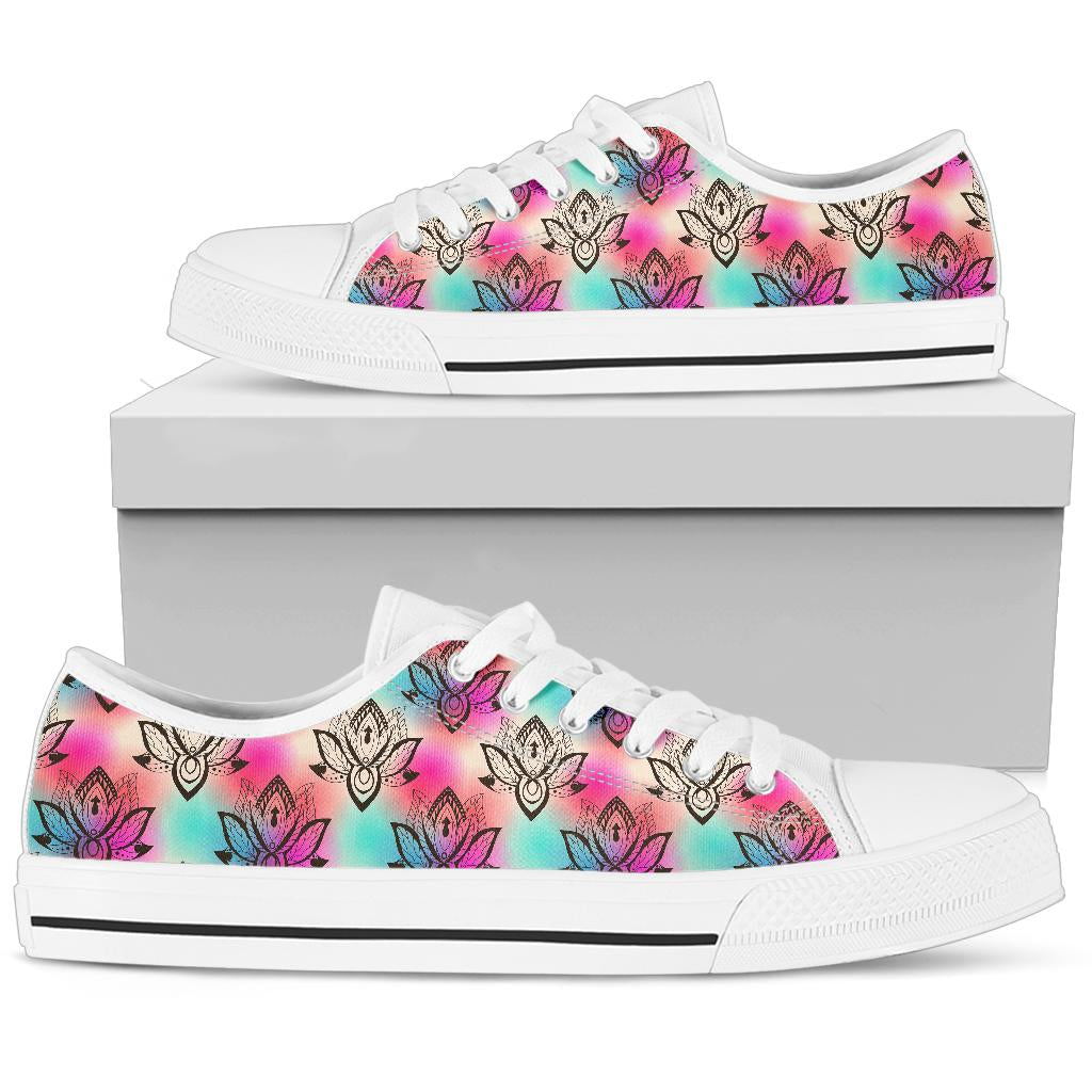 lotus Boho Pattern Print Design LO02 White Bottom Low Top Shoes